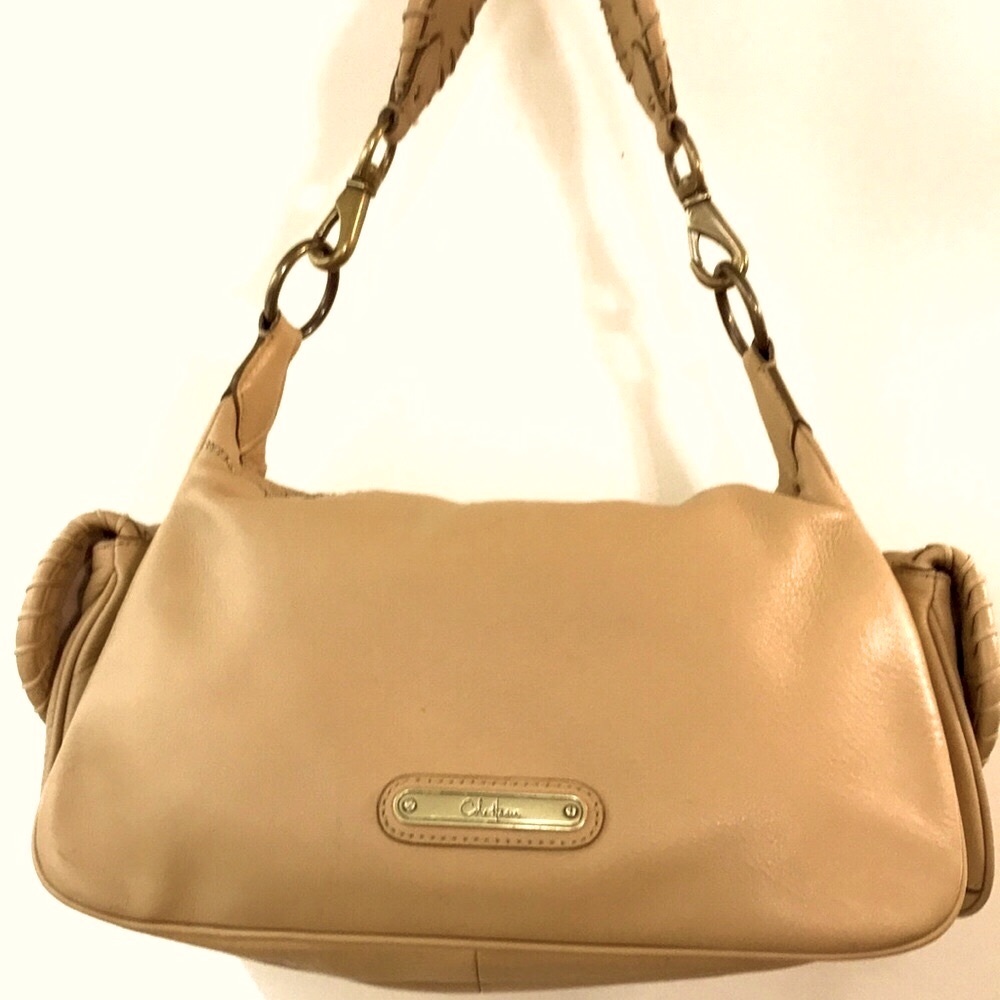 Cole Haan Embroidered Whipstitching Tan Brown Pebbled Leather Shoulder Hobo Bag